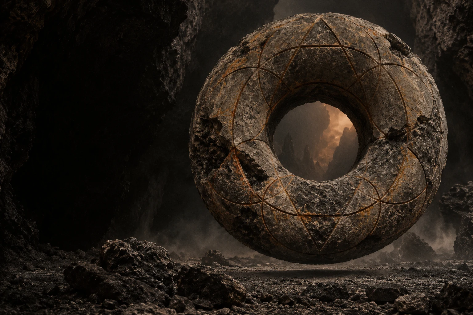 Sacred geometry carved into a weathered stone ring